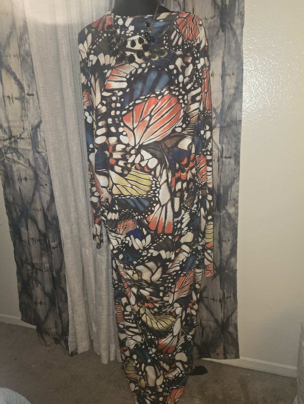 Ashley Graham Butterfly-Print Maxi Skirt in Coral, Navy & Yellow